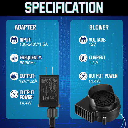 Hiboom 2 Pack Replacement Fan Blower, 12V 1.2A Mini Air Blower with 3 LED Light String for Inflatables Indoor Outdoor, 12V 1.5A Adapter for Halloween Christmas Holiday Inflatables Fan Blow up Motor