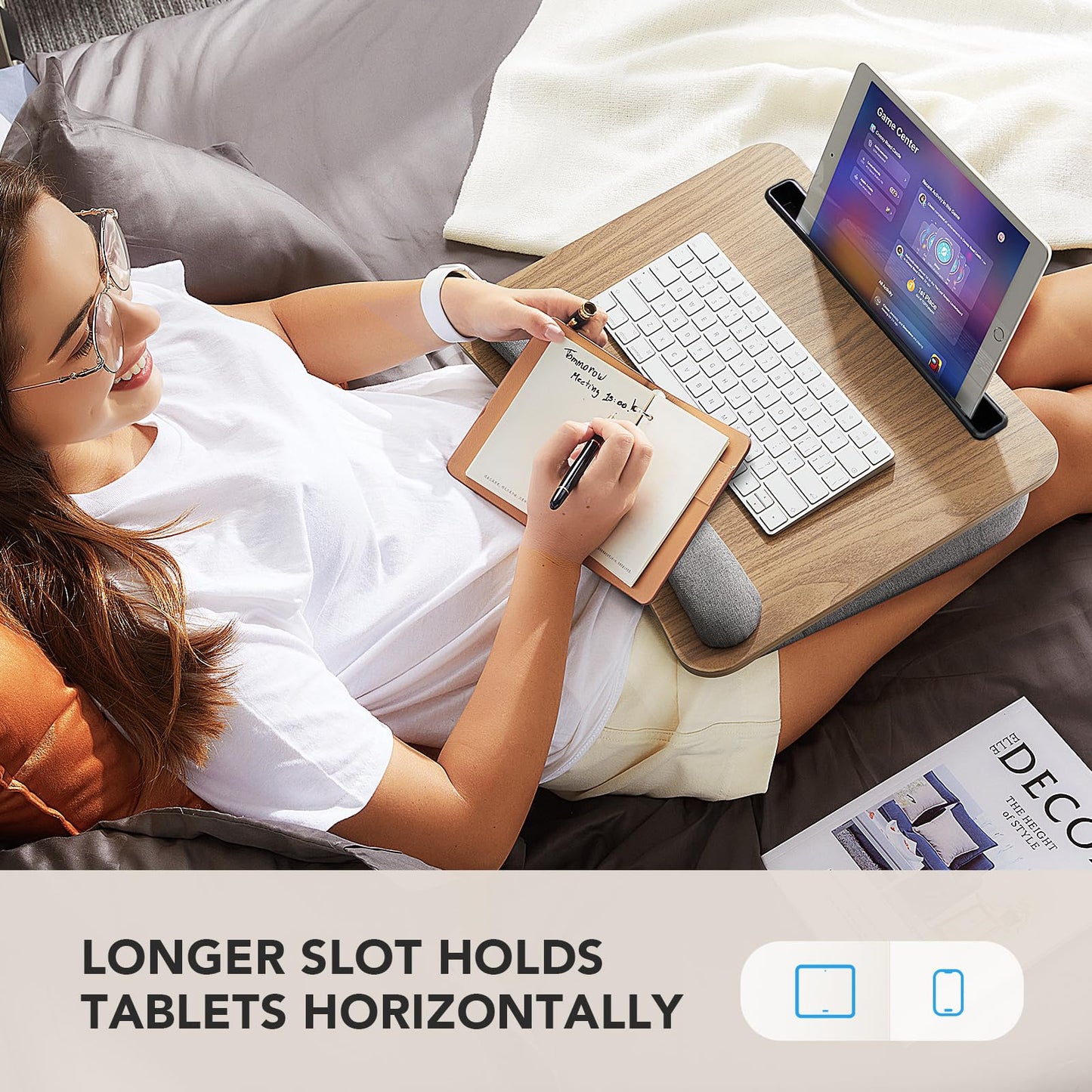 HUANUO Portable Lap Laptop Desk with Pillow Cushion, Fits up to 15.6 inch Laptop, with Anti-Slip Strip & Storage Function for Home Office Students Use as Computer Laptop Stand, Book Tablet