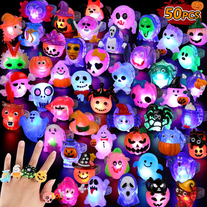 50pcs 3D Halloween Treats Toys Bulk Light Up Rings Gifts Halloween Party Favors for Kids Flashing LED Glow In The Dark Party Supplies Goodie Bag Fillers Stuffers Non Candy Treats Prizes Decorations