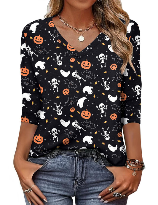 Zeagoo Halloween Pumpkin Shirts Women Fall T-Shirts Cute Autumn Graphic Tees Thanksgiving Tops Halloween Shirts 3/4 Sleeve V-Neck T Shirt