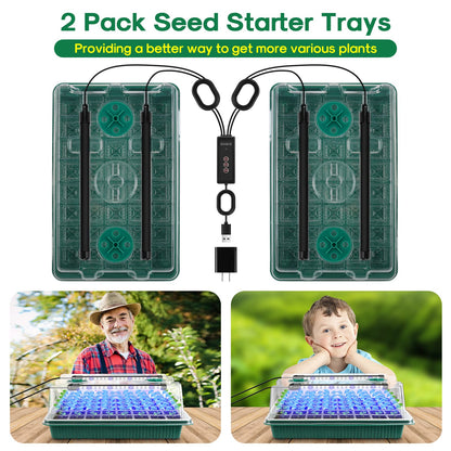 BlumWay Seed Starter Tray with Grow Light,2 Pack 80 Cells Seedling Tray Kit with Humidity Dome/Indoor Plant Starter Kit, Adjustable Brightness Plant Germination Trays