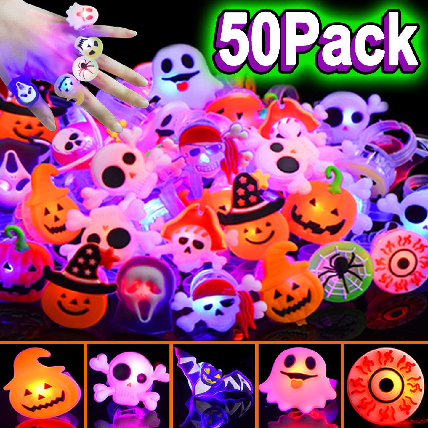 50 Pcs Halloween LED Glow Ring, Light Up Toys Glow in the Dark Birthday Halloween Party Favors Decorations Supplies for Adults Flash Finger Rubber Rings 8 Shape Ghost Pumpkin Skeleton Spider Bat
