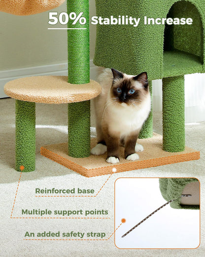 Cactus Cat Tree 35.4"- Medium Cat Tower w/Sisal Scratching Post, Cat Condo for Indoor Cats, Large Padded Top Perch, Comfy Hammock, and 2 Dangling Balls for Small-Medium Cats, Green