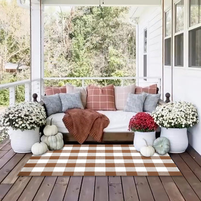 Buffalo Plaid Outdoor Rugs, 4'x6' Coffe and White Checkered Area Rug, Layering Rug for Hello/Welcome Door Mat, Washable Cotton Woven Farmhouse Mat for Front Porch Décor