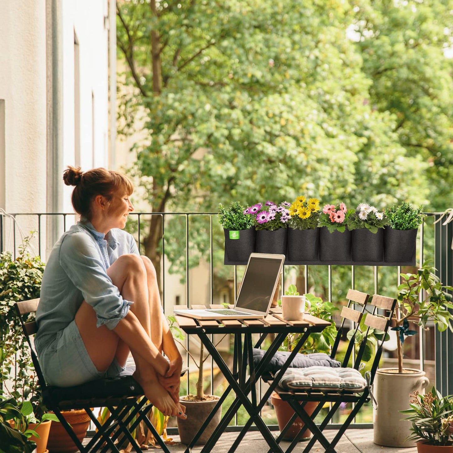 ANGTUO 6 Pockets Hanging Planters for Outdoor Plants, One Pack Wall Planter Vertical Garden, Hanging Plant Holder for Railing, Balcony, Fence