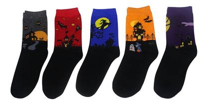 Wish Island Women's Halloween Gifts Pumpkin Bat Castle Socks Crew Casual Novelty Socks (Halloween - 5 pairs)