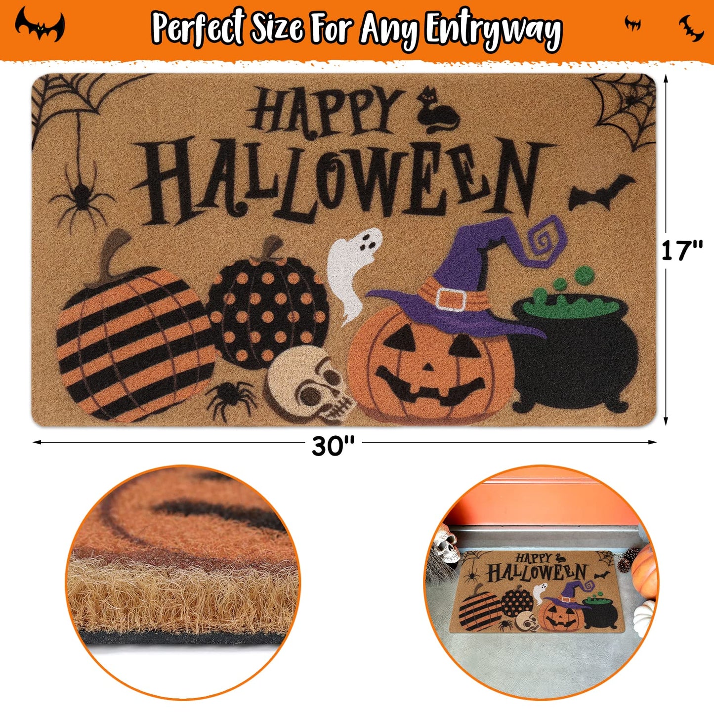Happy Halloween Jack O'Lantern Doormat Spooky Indoor Outdoor Home Front Porch Rugs Witches Hat Brewing Carpet Gift Fall October Entrance Ornament Supplies 17 x 30 Inches