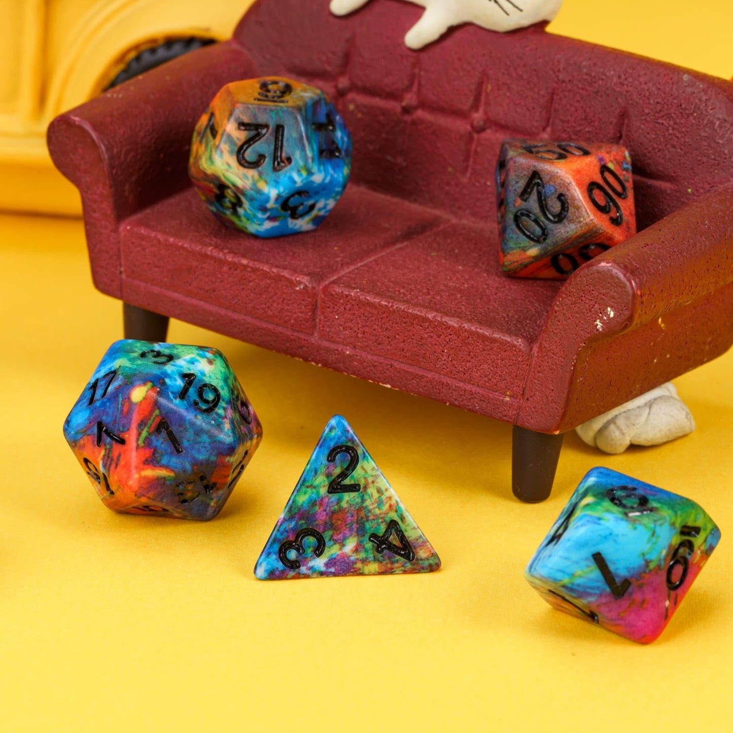 HDdais 7-Die Resin DND Dice Set, Vibrant Watercolor Pattern D&D Dice for Dungeons and Dragons, RPG Tabletop Games - Includes D4, D6, D8, D10, D12, D20, D%