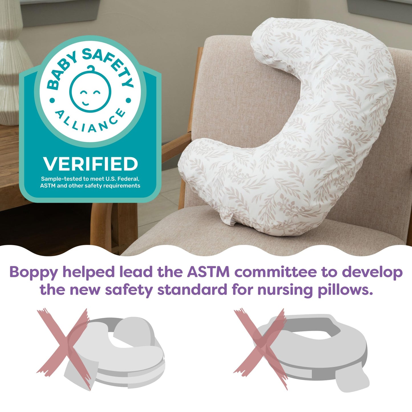 Boppy Nursing Pillow - Ergonomic Bottle & Breastfeeding Pillow with High, Firm, Large Area, Water-Repellent Cushion with Washable Cover; Baby Safety Alliance Verified - Gray Gentle Leaves