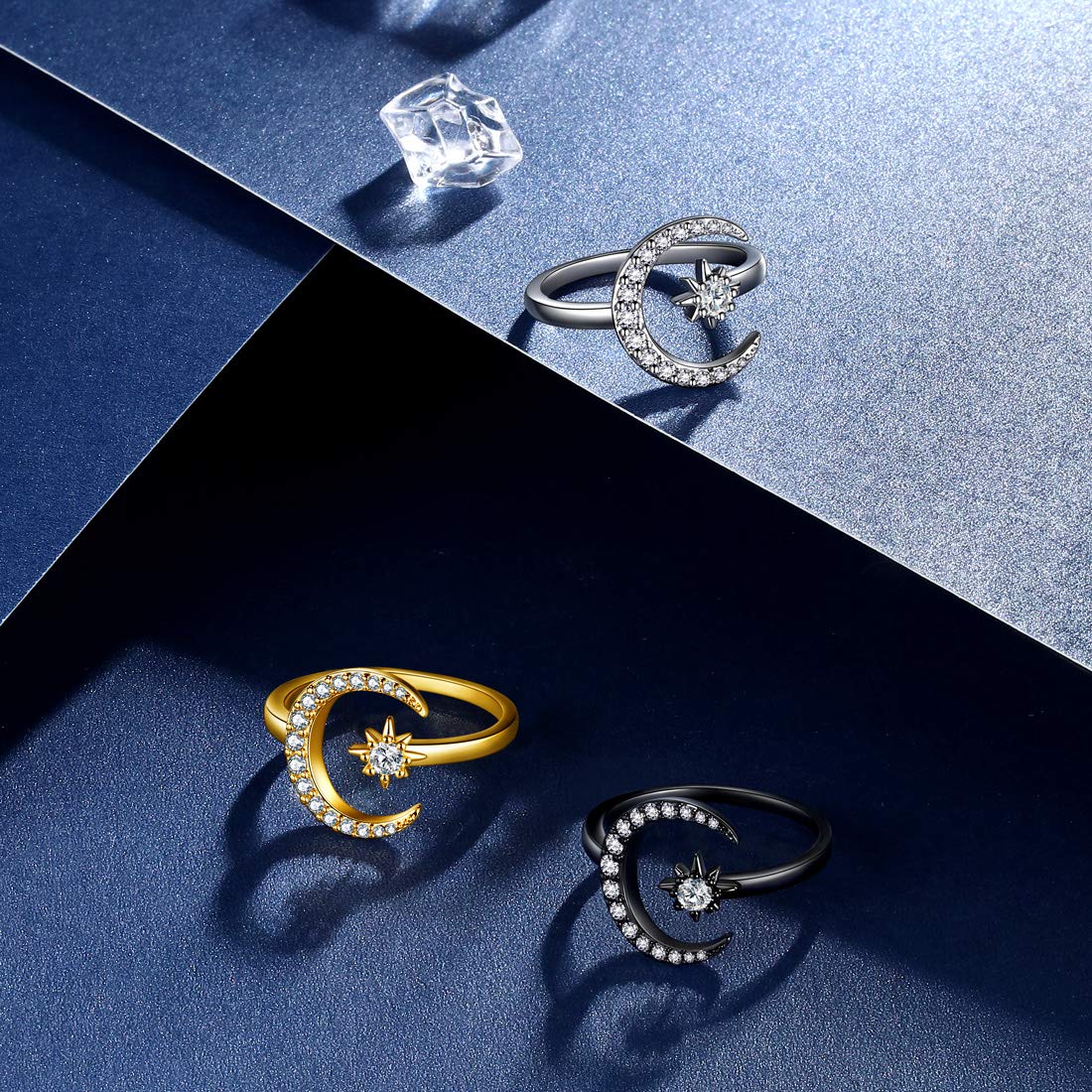 beautlace Star and Moon Adjustable Rings Black Gun Plated Crescent Moon Stars Open Ring Jewelry for Women KR0032K