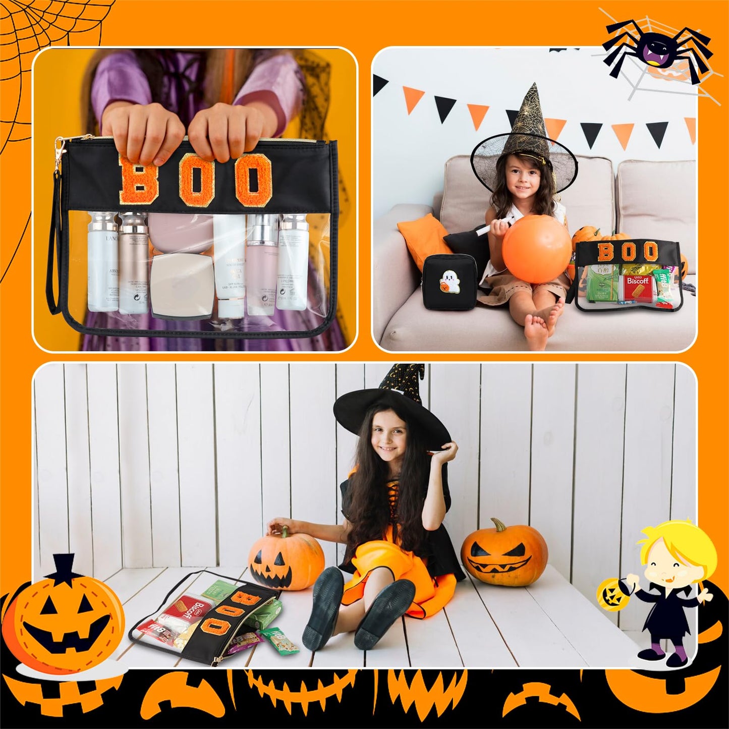 BuyCard 2 Pcs Halloween Gifts Cosmetic Makeup Bag with Boo Chenille Letter Patch, Clear Pouch PVC Organizer Purse, Waterproof Travel Bag, Portable Toiletry Storage Bag for Her Girls Friends Women