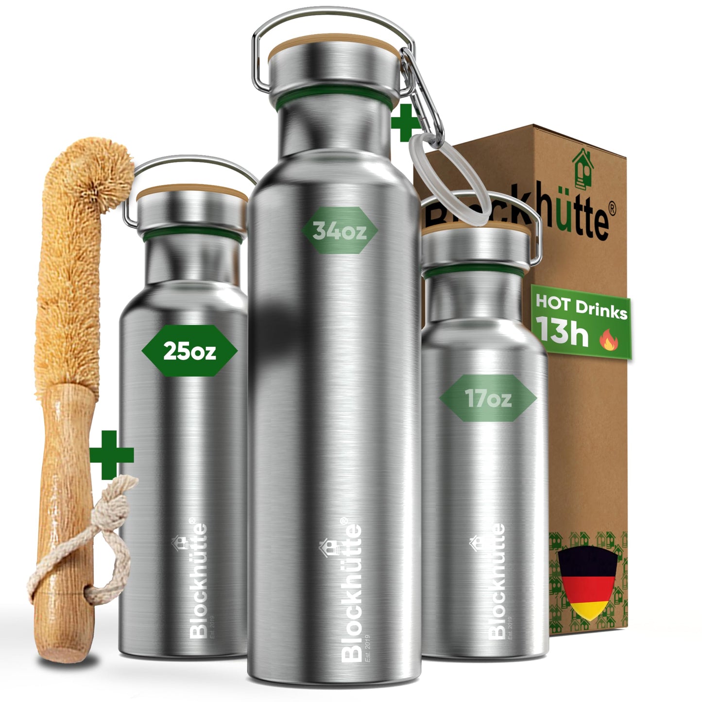 Blockhütte Vacuum Insulated Stainless Steel Water Bottle I 25 oz I Wide Mouth Metal Bottle for hot and cold drinks I BPA-Free I for Travel, School I Kids, Adults, Water Canteen, Sports, flask