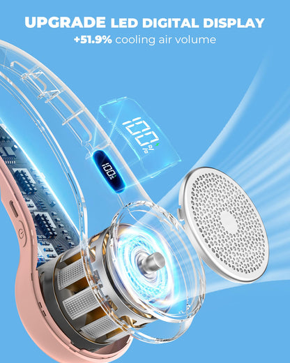 Hssio Portable Neck Fan with 4000mAh Rechargeable Battery & LED Display, Personal Cooler for Women/Men, 3-Speed Bladeless 360° Cooling Fans, Stylish Gift for Gym/Travel/Office, Pink