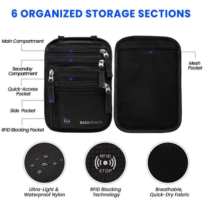 BAGSVIEWER Neck Wallet, RFID Blocking Passport Holder for Travel, Waterproof and Slim Pouch with Adjustable Neck Strap for Men, Women to Secure Cash and Credit Cards, 8" × 8.5"