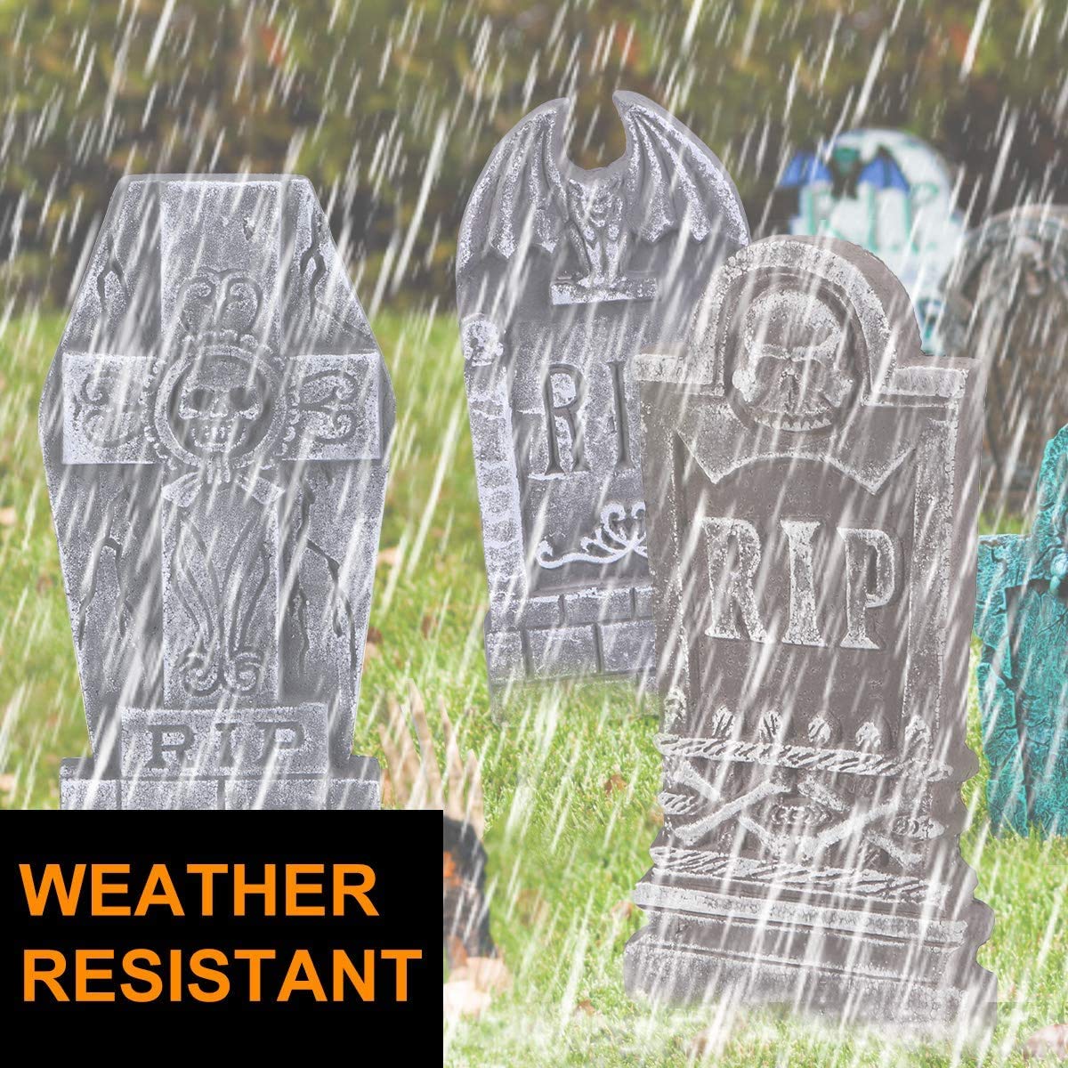 AYOGU 17” Halloween Foam RIP Graveyard Tombstones, 5 Pack Tombstone with 10 Metal Stakes for Halloween Decorations