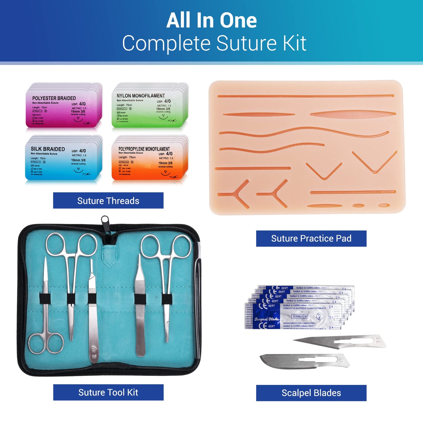 Alcedo Suture Practice Kit for Medical Students | Complete Set (32 Pieces) Include Durable Large Suturing Pad with Pre-Cut Wounds, Tools Kit, and Suture Threads | Perfect for Practice, Demonstration