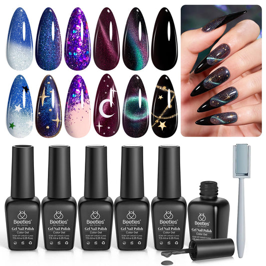 Beetles Cat Eye Gel Polish - Milky Way 6 Colors Gel Polish Set, Black Purple Blue Temperature Changing Glitter Nails, Halloween Galaxy Nails Kit with Magnet Stick Soak Off Uv Lamp Gel