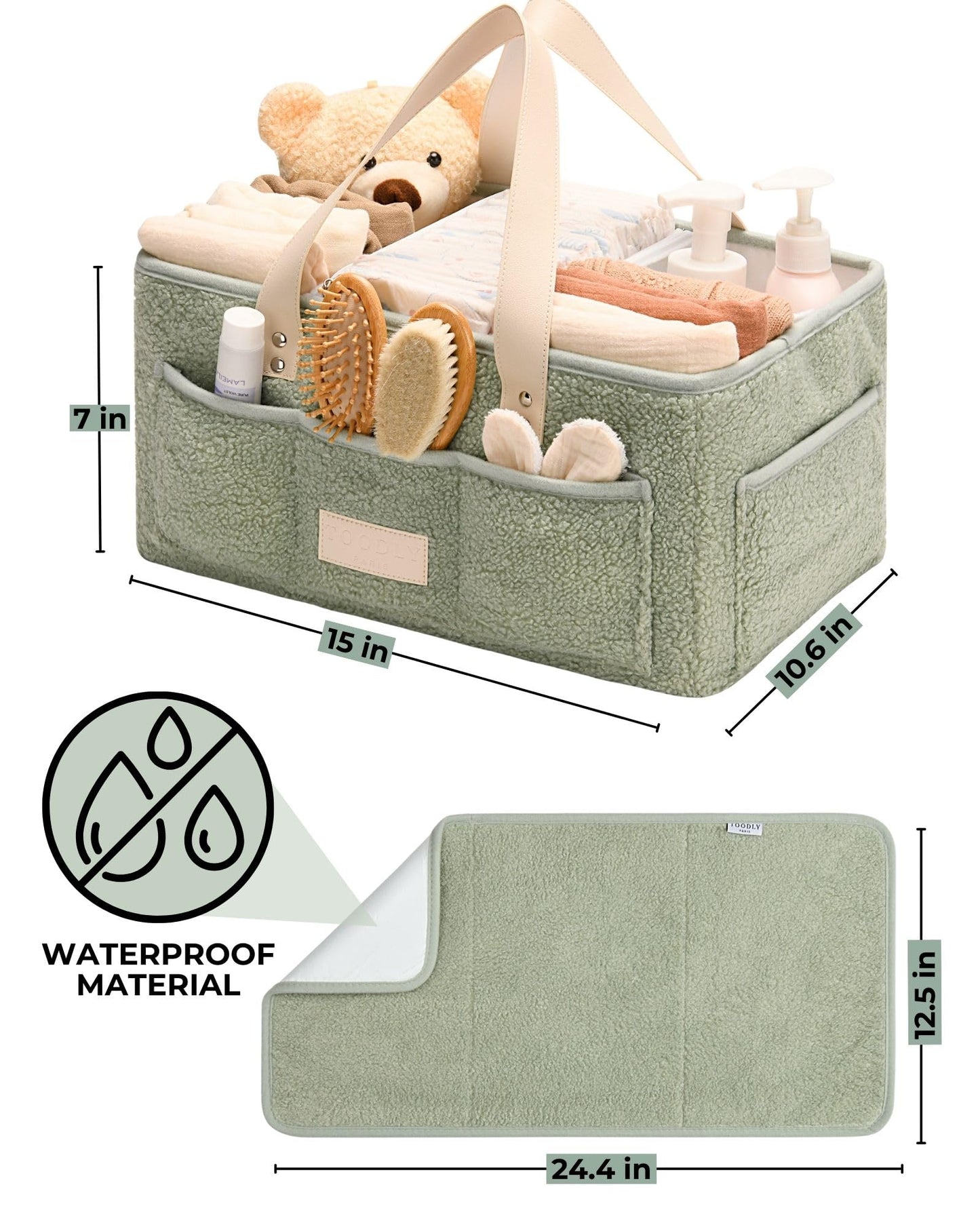 Baby Diaper Caddy Organizer with Portable Changing Mat - Teddy Fleece Diaper Organizer for Changing Table - Baby Basket for Diaper Changing Essentials - Baby Caddy Organizer with Removable Dividers