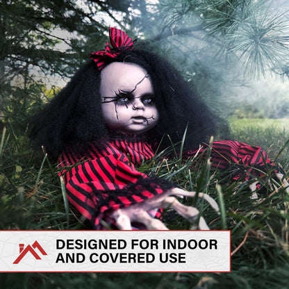 Haunted Hill Farm Scary Haunted Crawling Baby Doll, Halloween Animatronic with Touch Activated Lights and Sound, Battery Operated Indoor or Covered Outdoor Halloween Decorations, Creepy Fright Props