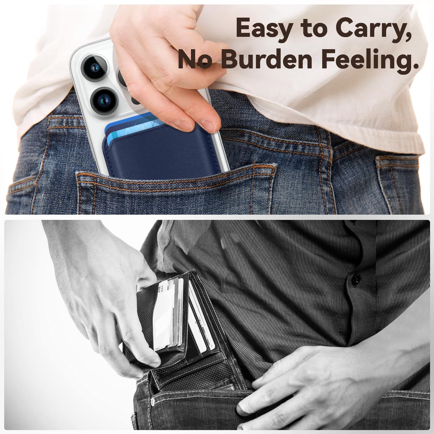 Amzone Magnetic Wallet Cell Phone Card Sleeves for Phone Case with Mag-Safe, Stronger Magnetic RFID Leather Phone Wallet Stick on Series of iPhone 15/14/13/12, Indigo Blue