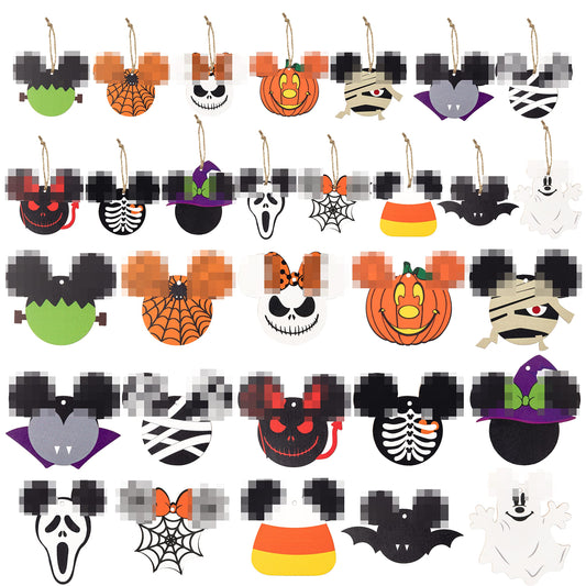 Andi Cppss 46PCS Halloween Mouse Wooden Hanging Ornament Decoration, Mouse Wooden Slices with Ropes for Halloween Party, Hanging Ornament for Holiday Tree, Ghost Hanging Tags for Party Supplies