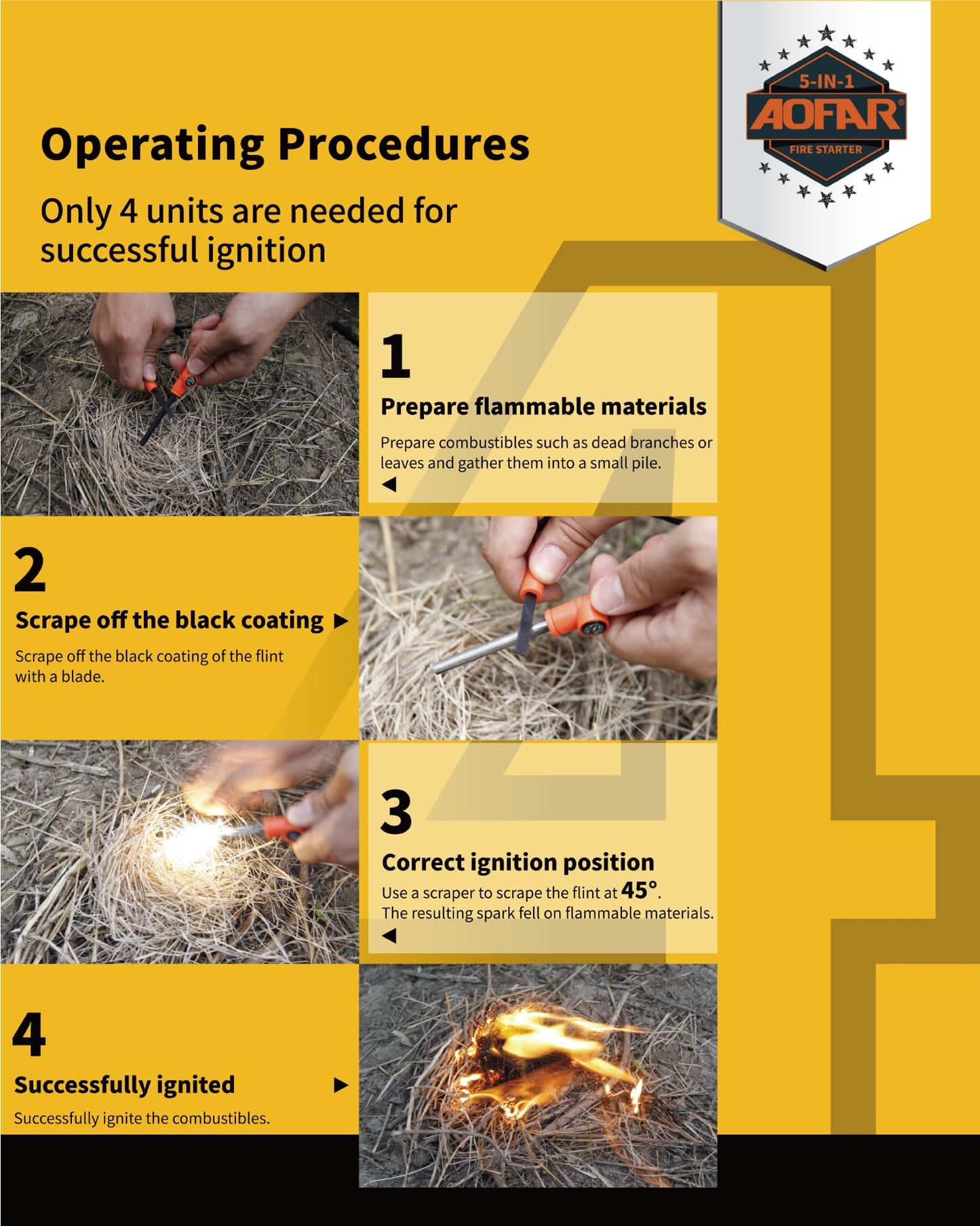 AOFAR Fire Starter AF-381 Fire Steel 5-in-1 for Camping, Hiking, Hunting, Backpacking, Boating, Outdoor Magnesium Survival Rod with Fire Paracord, Compass and Whistle, Waterproof (2-Pack)…