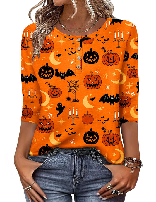 Zeagoo Halloween Shirts Round Neck T Shirts for Women 3/4 Sleeve Blouses Dressy Casual Fall Clothes 2025 Tunic Tops