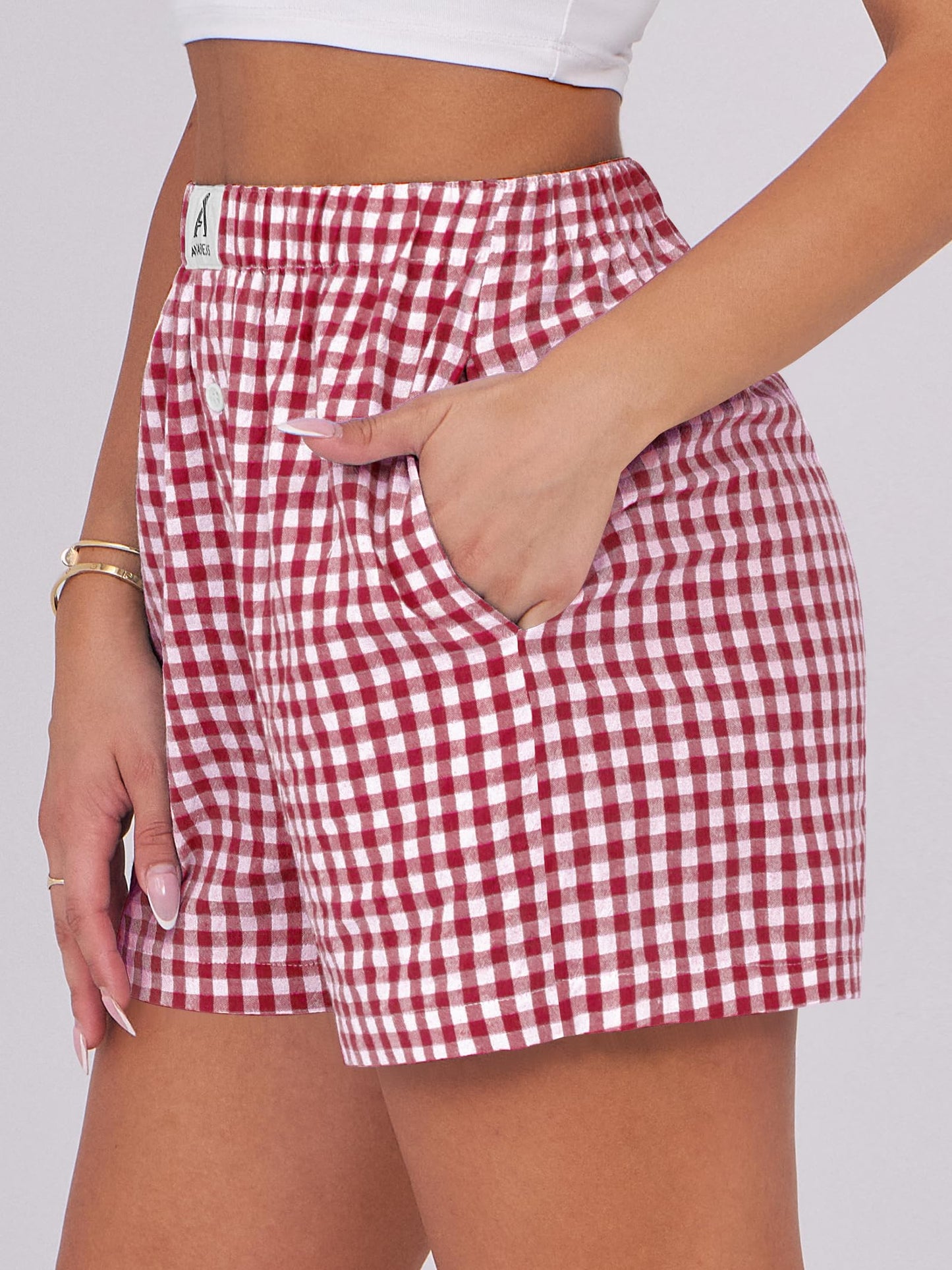 ANRABESS Boxer Shorts for Women Gingham Pajama 2025 Summer Casual Lounge Sleep Plaid Shorts Y2K Beach Bottoms Red White Plaid Medium