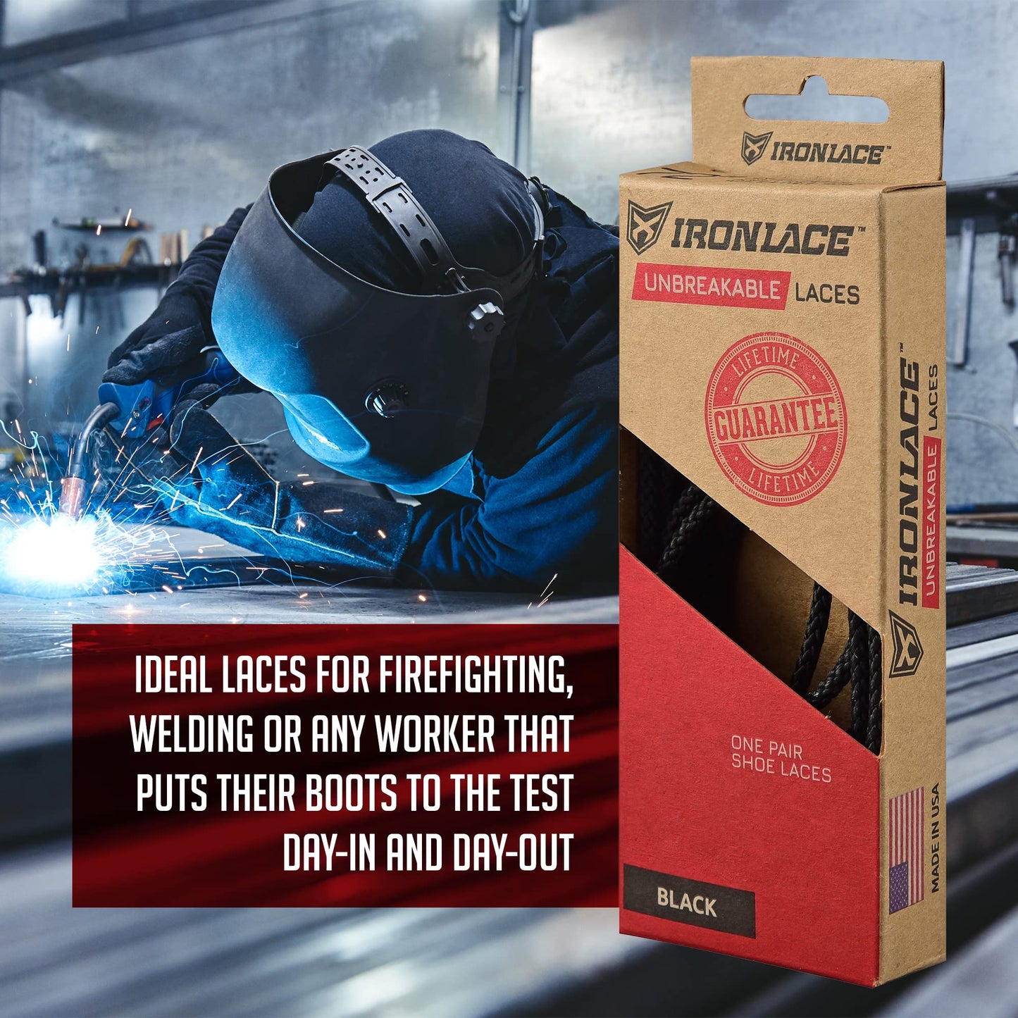 IRONLACE Unbreakable Round Bootlaces - Indestructible, Waterproof & Fire Resistant Boot & Shoe Laces, 1500-Pound Breaking Strength/Pair, Black, 54-Inch, 3.2mm Diameter, 1-Pair