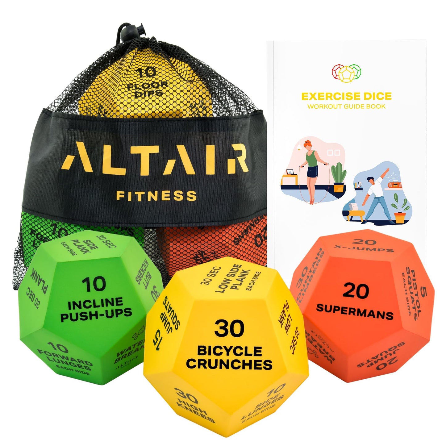 ALTAIR Fitness Dice - 3 12-Sided HIIT Workout Dice with 3 Levels of Difficulty for Adults, Teens & Kids, Motivational Accessories with Mesh Bag & Guide Book