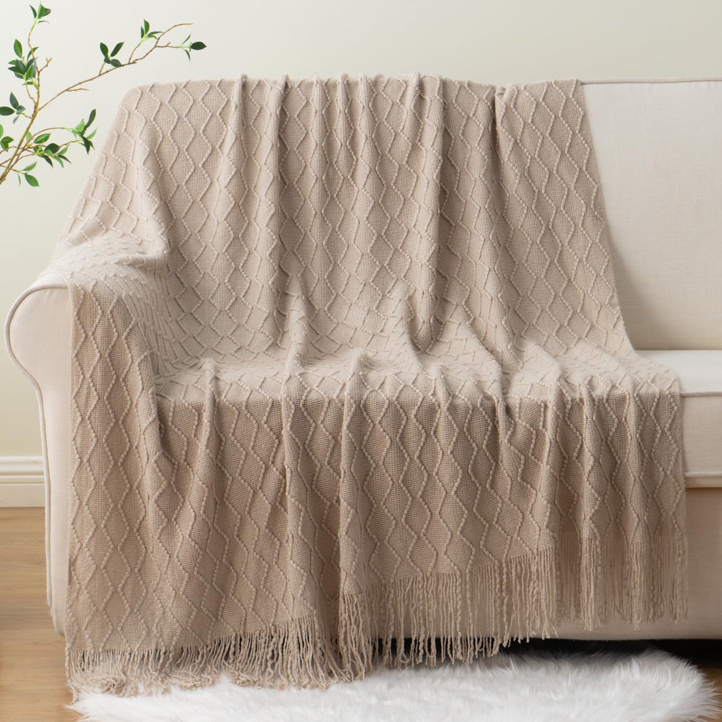 BATTILO HOME Khaki Throw Blankets for Couch, Taupe Lightweight Decorative Blankets and Throws, Boho Warm Knit Blanket for Men and Women, 50"x60"