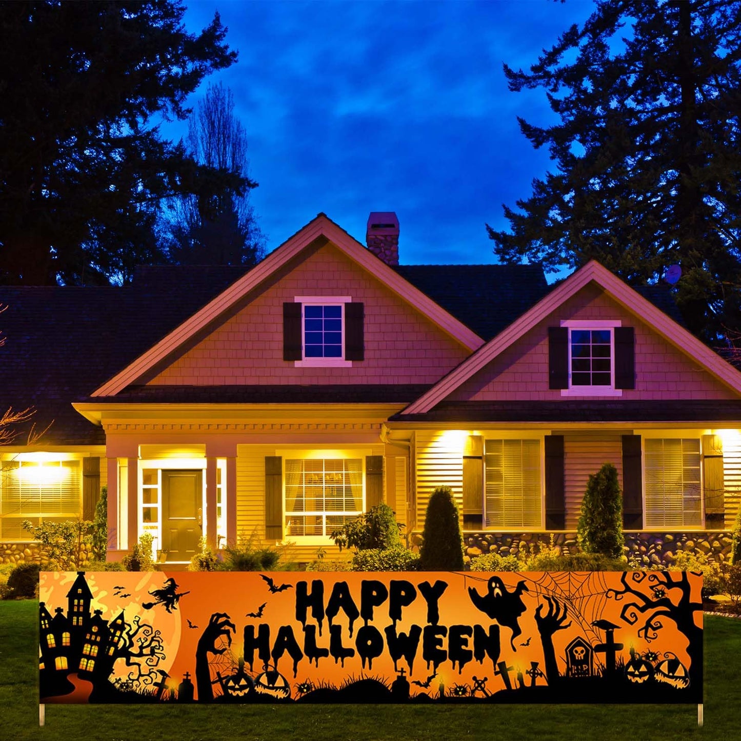 Avezano Happy Halloween Banner Large 98.4 x19.6 Inch Yard Sign Banner Black and Orange Halloween Party Decorations Welcome Hanging Flag Outdoor Fence Garage Garden Porch Holiday Backdrop