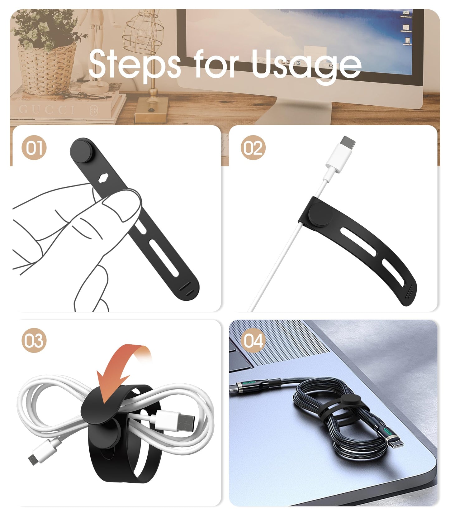 40Pcs Nearockle Reusable Cable Ties, Adjustable Silicone Cord Organizer Small Zip Ties for Charging Cords Earphone Computer Wire, Office Desk Cable Management Travel Accessories(White&Black)