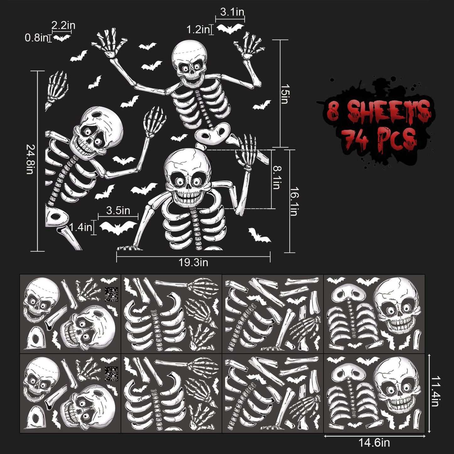 74pcs Giant Halloween Window Clings Decorations, 8 Sheets 6 Skeleton Window Stickers, Scary White Skull Window Silhouettes Decal for Indoor Bathroom Glass Door Decor Home Haunted House Party Supplies