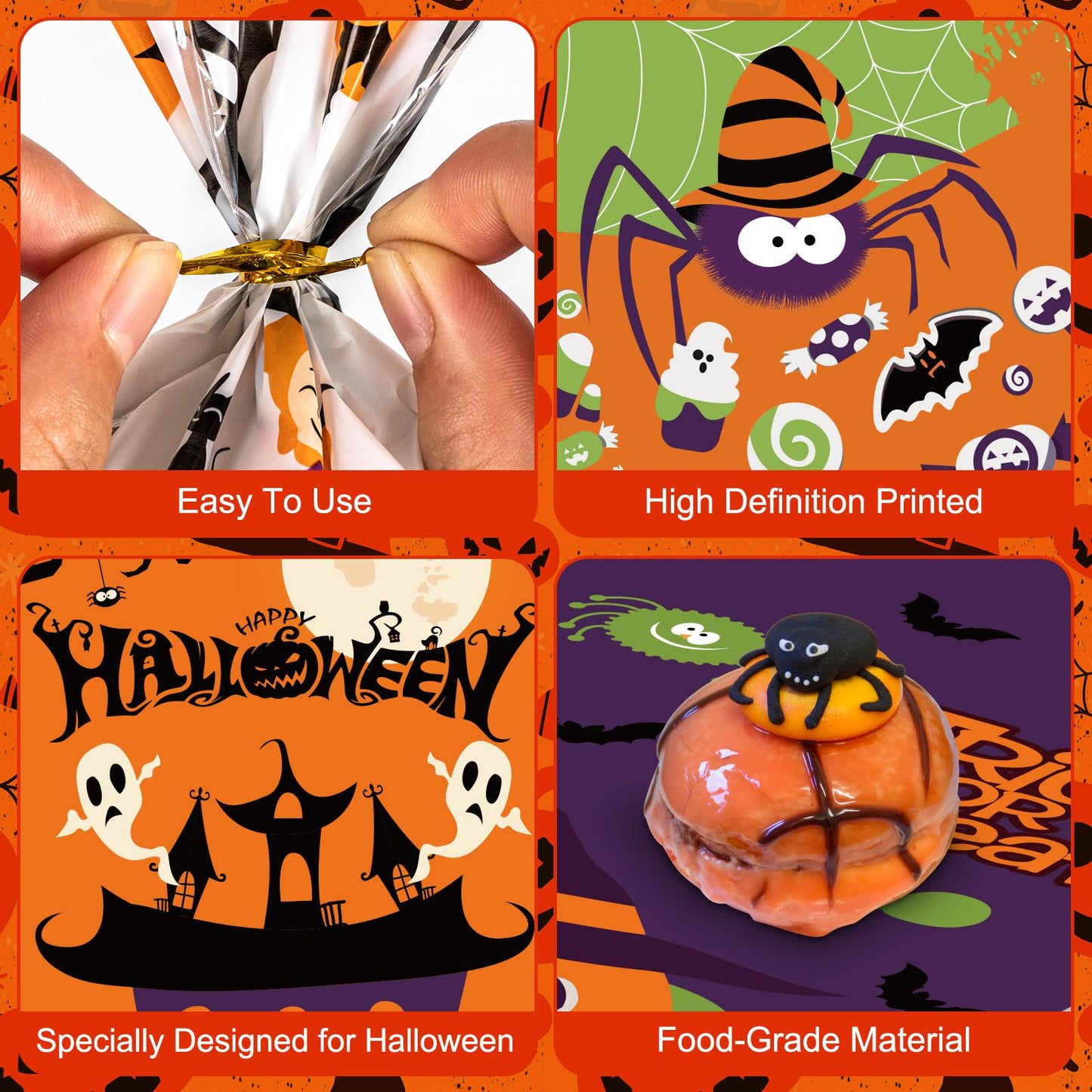 50 Pack Halloween Treat Bags - Plastic Halloween Goodie Bags, Happy Halloweens Candy Bag, Trick or Treat Snack Gift Cellophane Bags with Twist Ties for Kids Hallowen Party Birthday Supplies Favors