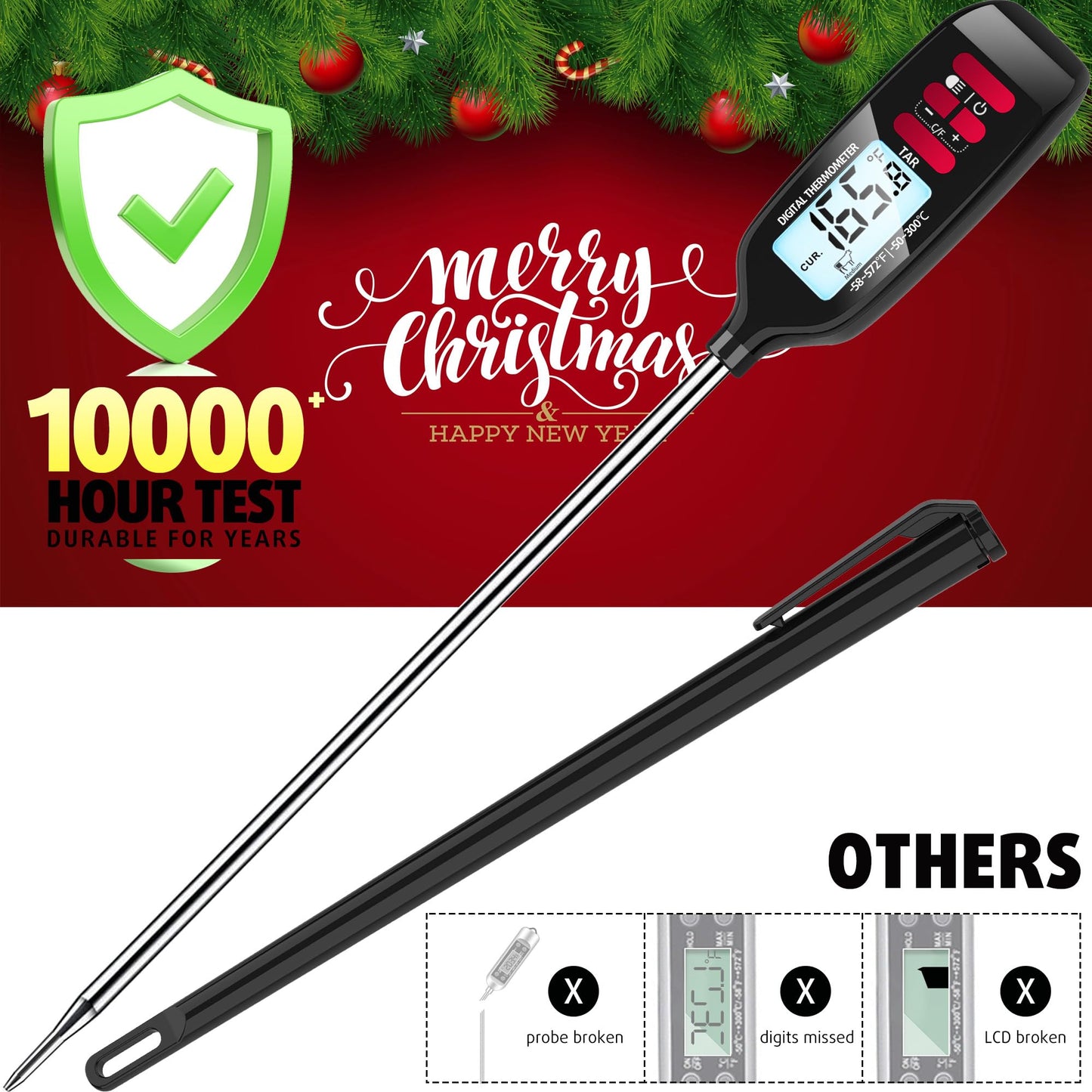 Antonki Meat Thermometer Digital, Smart Instant Read Food Thermometer with Super Long Probe for Cooking Grilling Baking Kitchen Candy BBQ Oil Liquid, Backlit Display, Battery Included