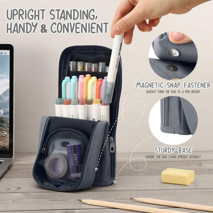 Housolution Standing Pencil Case Large Capacity Pen Bag, Multi-Layer Pen Pouch Pencil Holder Stationery Organizer, Polyester Pencil Bag Storage Box Desk Organizer, Gray