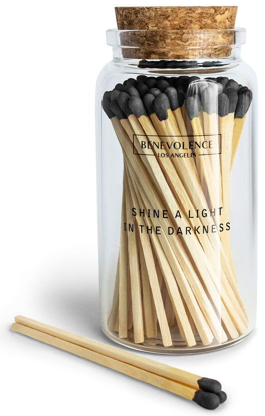 Benevolence LA Decorative Wooden Matches in Glass Jar with Striker | 4 Inches Colored Safety Long Match for Lighting Candles | Apothecary Home & Bathroom Decor - Midnight Black