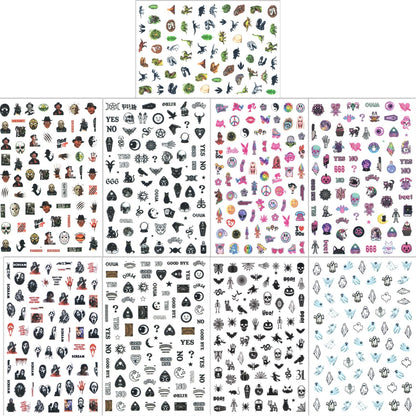 9 Sheets Halloween Nail Art Stickers Decals Scary Film Characters Ghost Face Skull 3D Self-Adhesive Nail Supplies Terror Vampire Spider Web Designs Holiday DIY Manicure Decorations for Women Kids Men