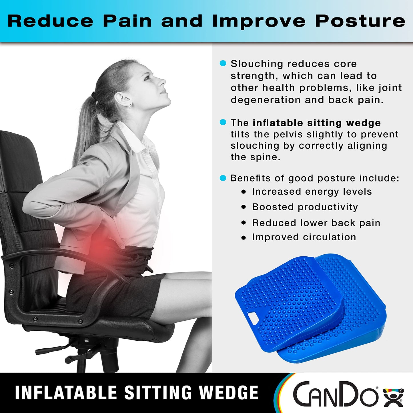 CanDo Sitting Wedge Active Seat Wobble Cushion for Posture, Back Pain, Stress Relief, Restlessness, and Anxiety - Adult Size, 14" x 14"