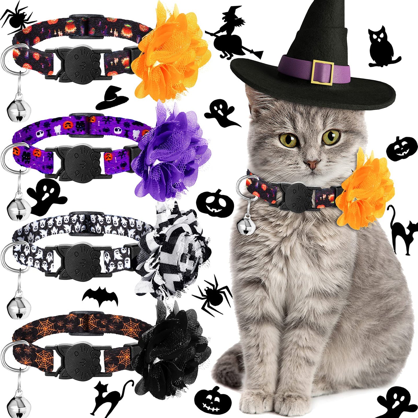 4 Pieces Halloween Cat Collar Breakaway Cat Collars with Bell and Removable Flowers Pumpkin Ghost Kitty Collars Quick Release Adjustable Pet Collar for Cat