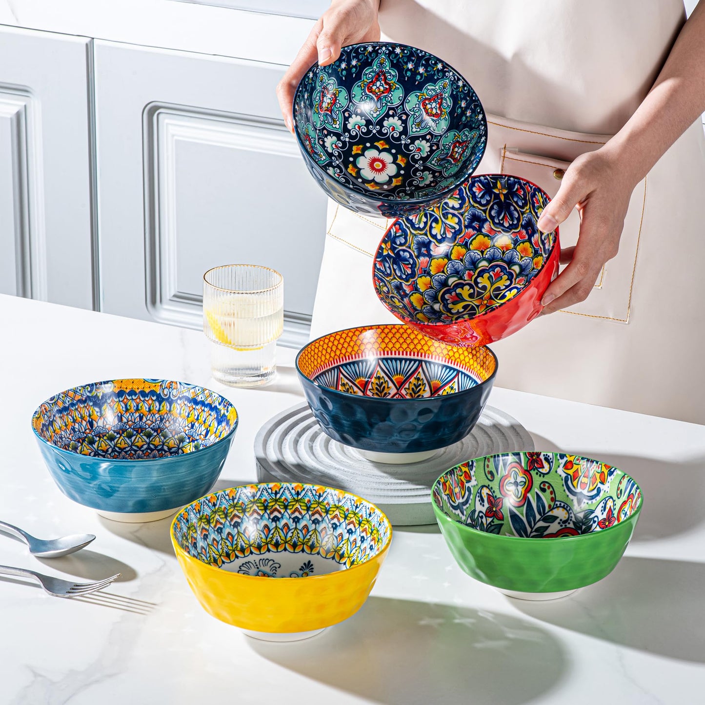 HENXFEN LEAD Ceramic Cereal, Soup Bowls Set of 6-25 Oz Porcelain Serving Bowls for Dinner, Pasta, Salad, Oatmeal, Microwave & Dishware Safe - Bohemian Style