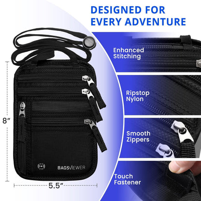 BAGSVIEWER Neck Wallet, RFID Blocking Passport Holder for Travel, Waterproof and Slim Pouch with Adjustable Neck Strap for Men, Women to Secure Cash and Credit Cards, 8" × 8.5"