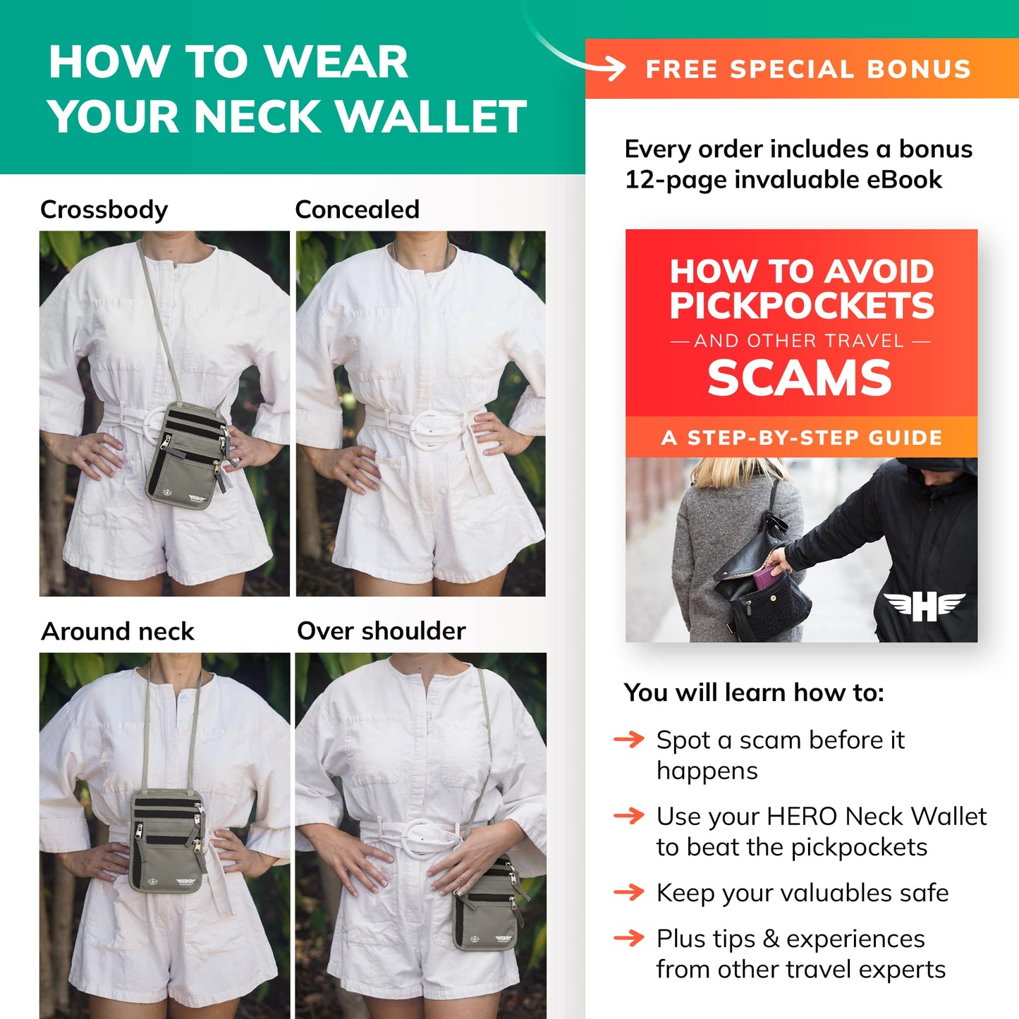 HERO Neck Wallet, RFID Blocking Passport Holder, Easy to Conceal Travel Pouch