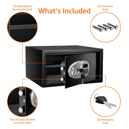 Amazon Basics Steel Security Safe and Lock Box with Programmable Electronic Keypad, for Valuables, Cash, Jewelry, Documents, Black, 1 Cubic Foot, 16.9-x-14.6-x-9.1-inches (WxDxH)