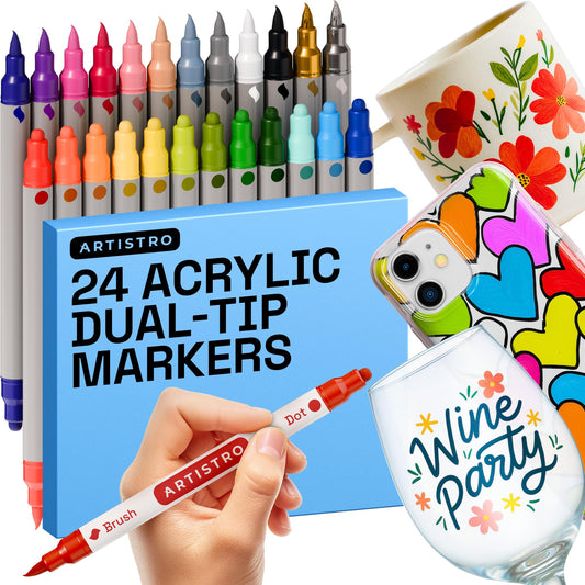 ARTISTRO 24 Wine Glass Acrylic Paint Markers - Washable Non-Toxic Dual Tip Acrylic Paint Pens for Car Window, Mirror, Ceramic