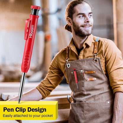 Hiboom 2 Pack Solid Carpenter Pencil with 14 Refill, Long Nosed Deep Hole Mechanical Pencil Marker with Built-in Sharpener for Carpenter Woodworking Architect with Design Patent (Black, Red)