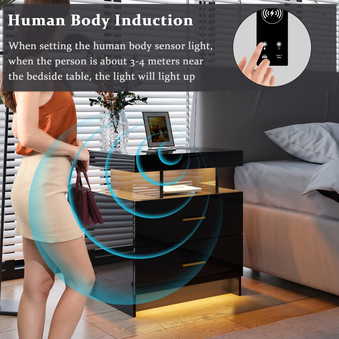 HNEBC Auto LED Nightstand with Wireless Charging Station & USB Ports,High Gloss Bedside Tables with 2 Drawers,Floating Nightstand with 3 Color & Adjustable Brightness Embedded LED Light Strip