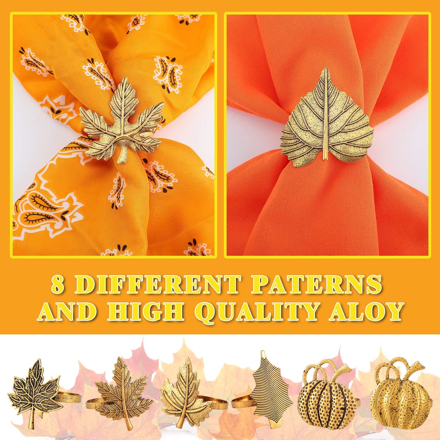 WILLBOND 12 Pcs Thanksgiving Napkin Rings Set Thanksgiving Pumpkin Leaf Themed Holders Fall Napkin Rings Alloy Design Holder Buckle for Halloween Home Party Table Decor Wedding Supplies (Golden)