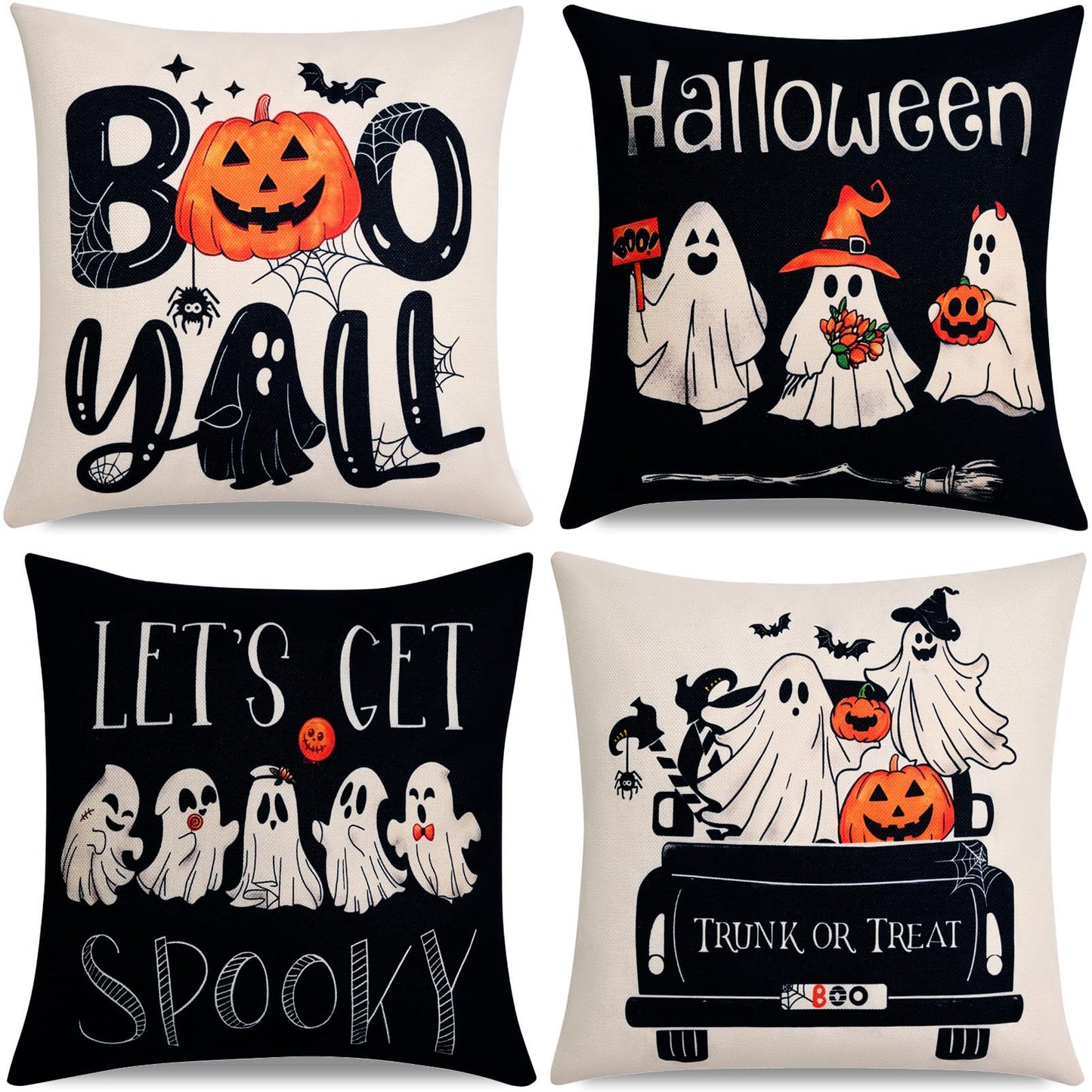 Hongsome Ghost Halloween Decor-Throw Pillow Covers 18x18 in Set of 4,Spooky Gothic Linen Pillow Case for Couch Fall Christmas Holiday Outdoor Burnt Orange Black White Decorations